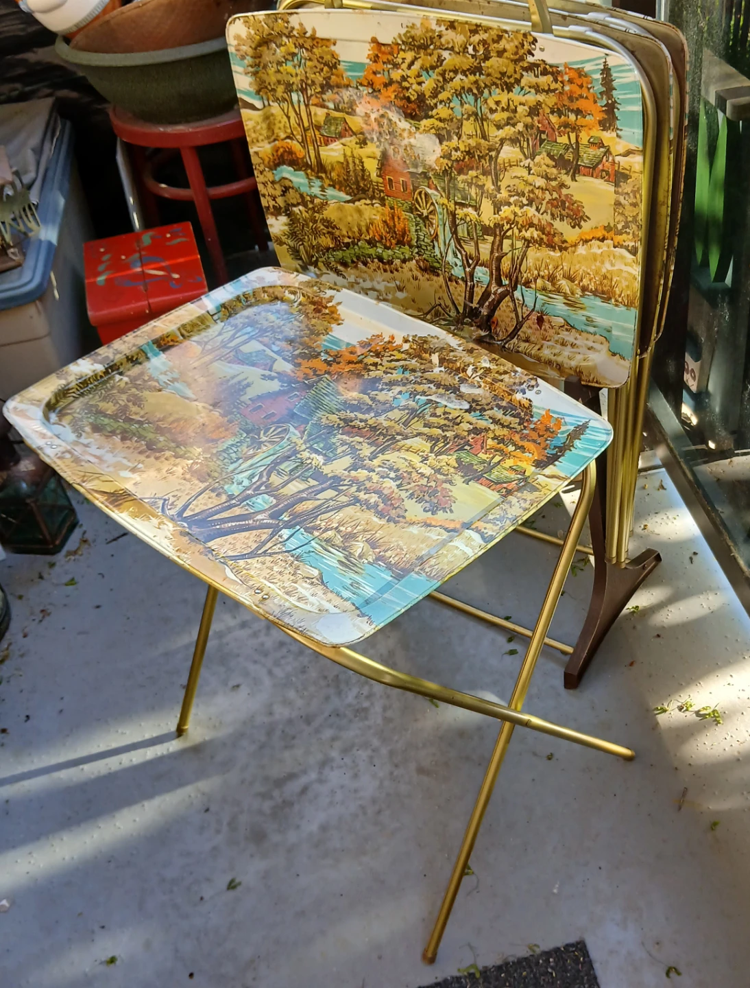 Vintage TV Tray Table Set with Rural Landscape Scene - photo 2