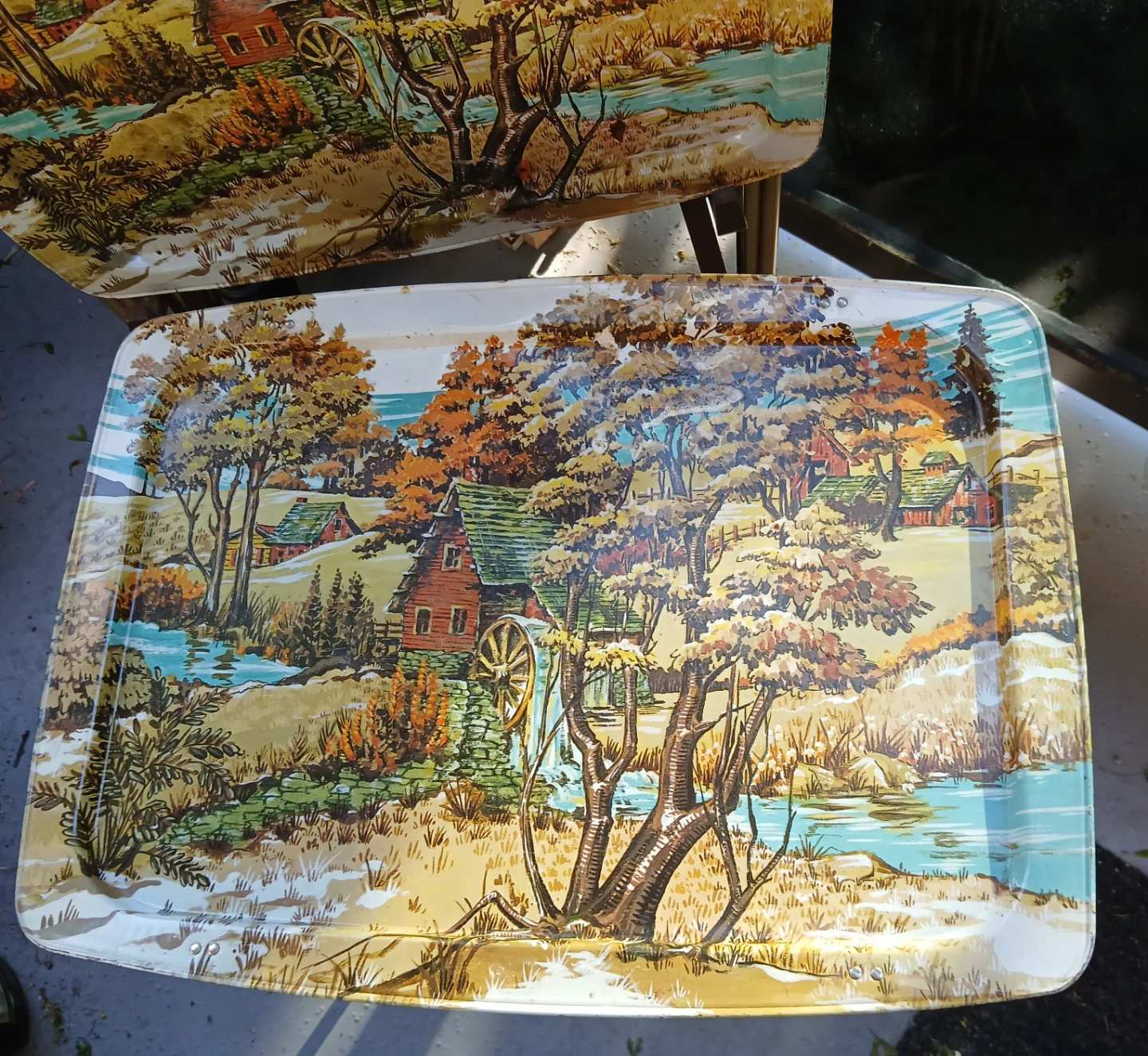 Vintage TV Tray Table Set with Rural Landscape Scene - photo 3