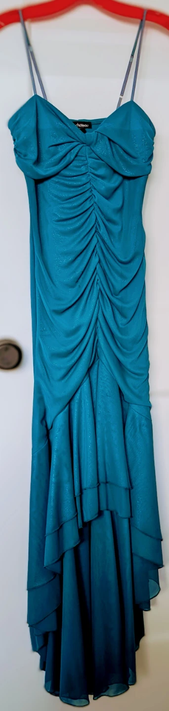 Le Château Teal Ruched Dress with clutch bag
