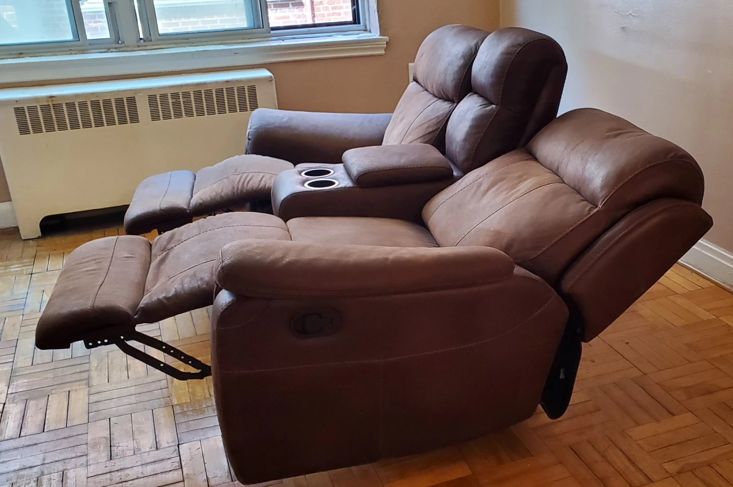 Brown Real Leather Double Recliner with Cup Holders - photo 4