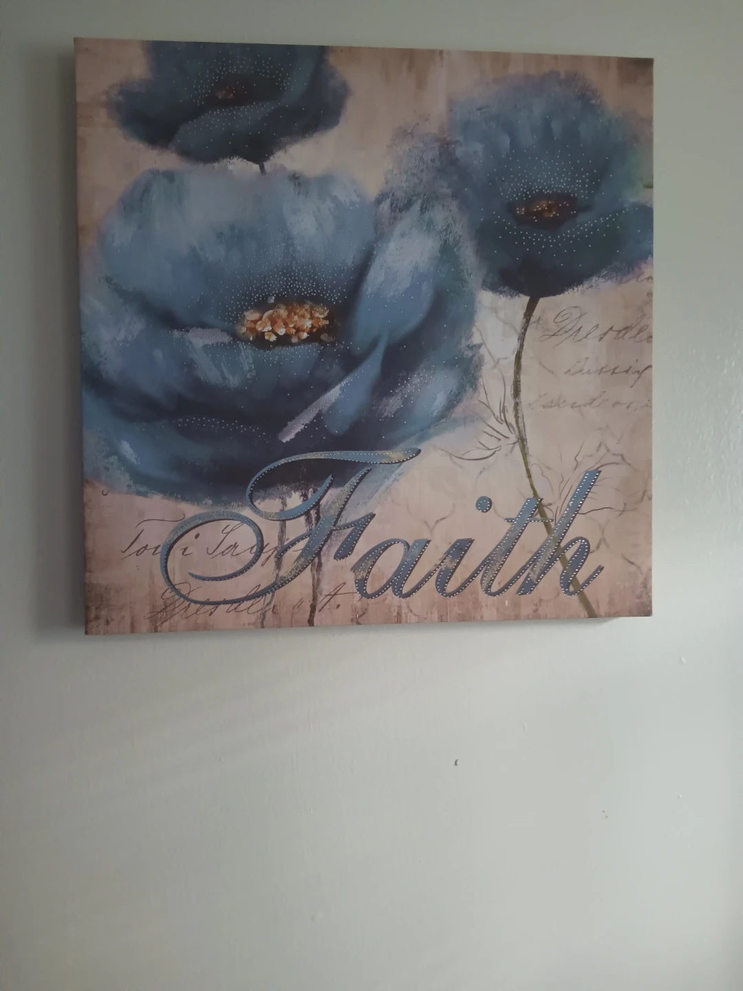Wall Art Canvas Prints "Faith" "Love" Blue Poppies Floral Set