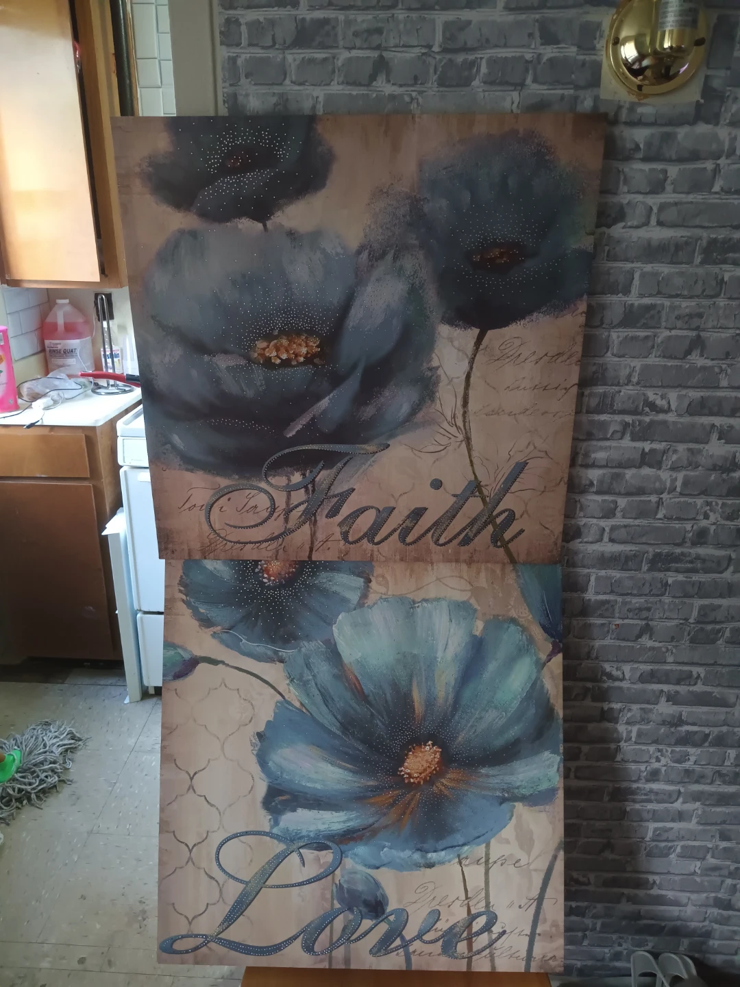 Wall Art Canvas Prints "Faith" "Love" Blue Poppies Floral Set - photo 3