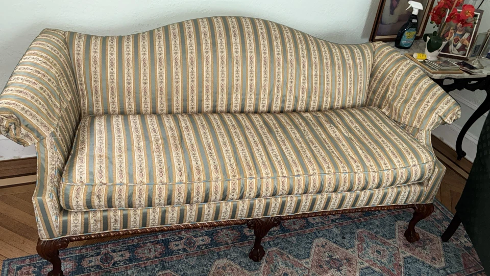 Vintage Striped Loveseat Sofa with Carved Wood Legs