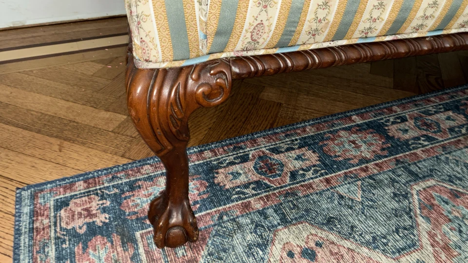 Vintage Striped Loveseat Sofa with Carved Wood Legs - photo 5