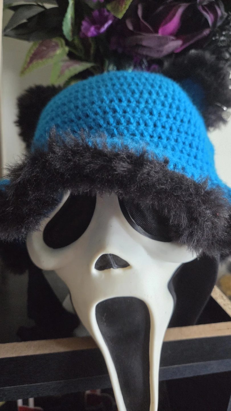 Blue hat with fluffy trim, and ears