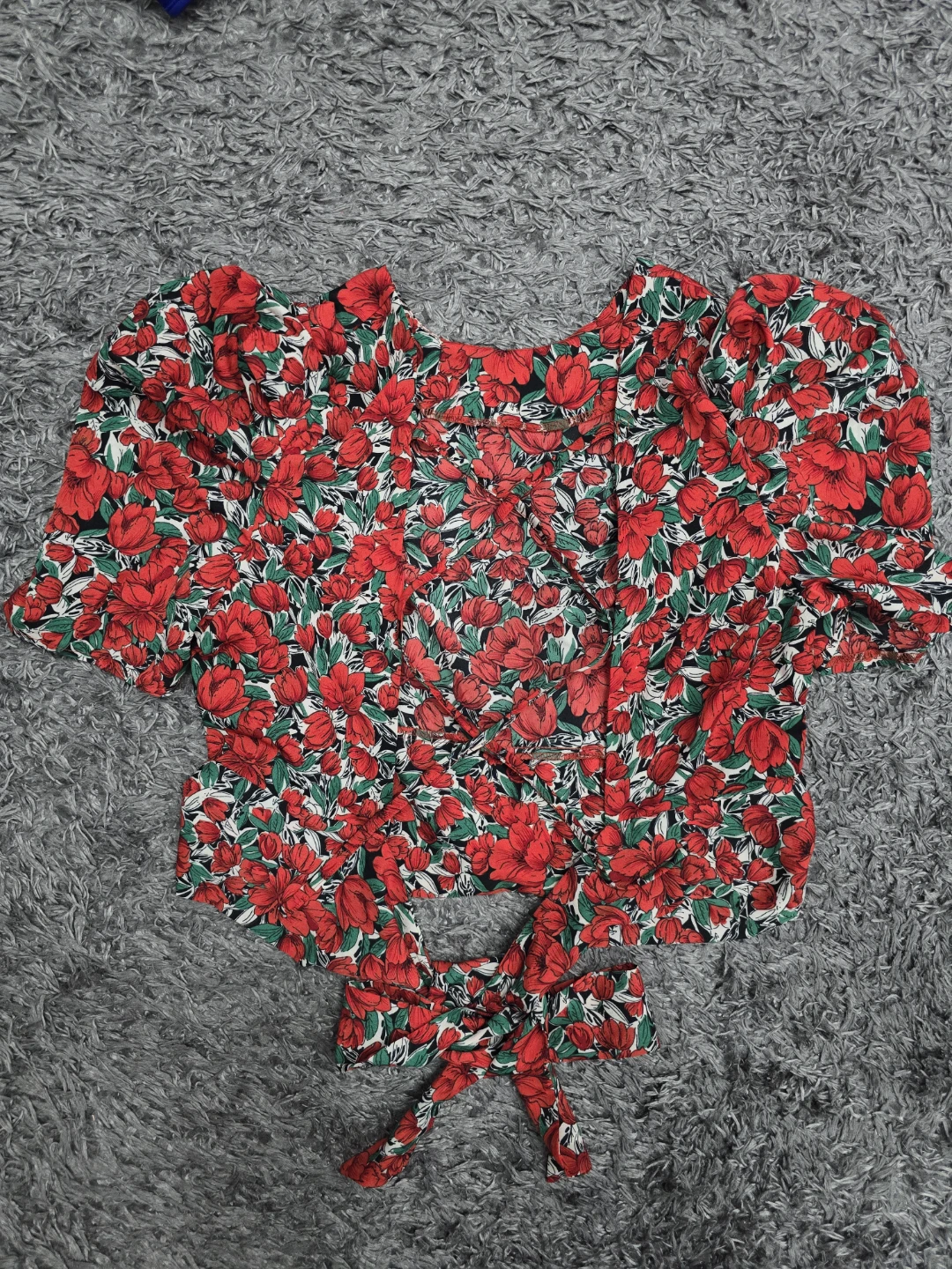 Red Floral Puff Sleeve Tie Front Top (L) - photo 2
