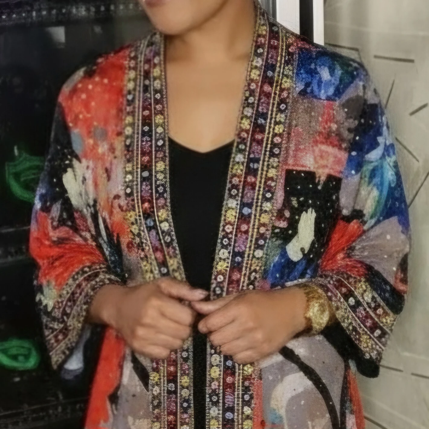 Joseph Ribkoff Embellished Floral Patchwork Kimono Jacket