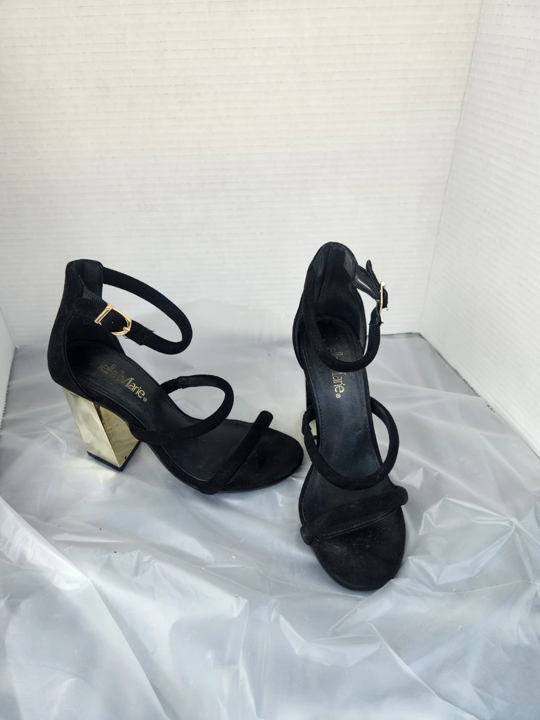 Black Suede Heeled Sandals with Gold Accent