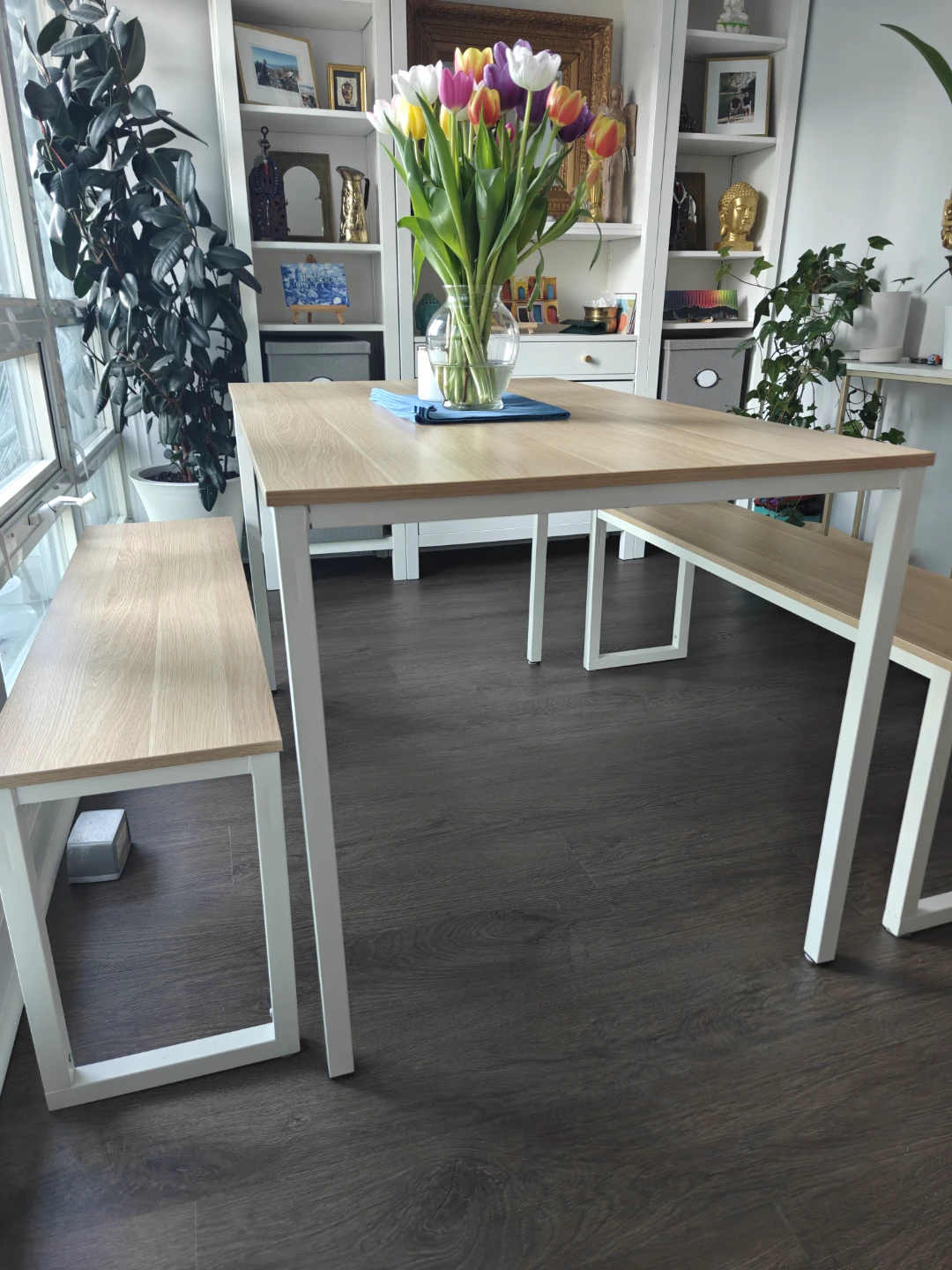 Dining Table, 2 Benches, 2 White Steel Chairs  seats 4-6 - photo 2