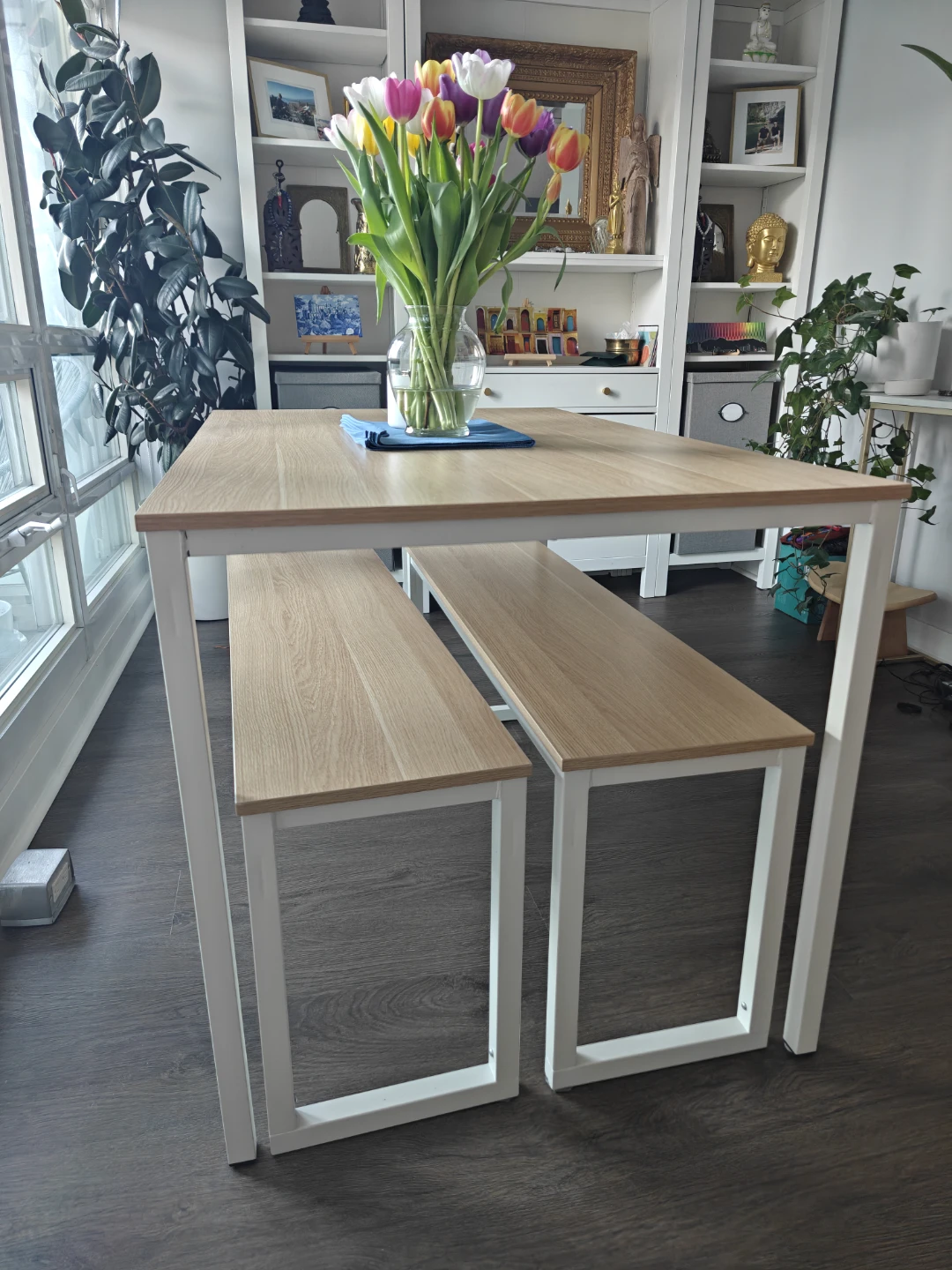 Dining Table, 2 Benches, 2 White Steel Chairs  seats 4-6 - photo 4