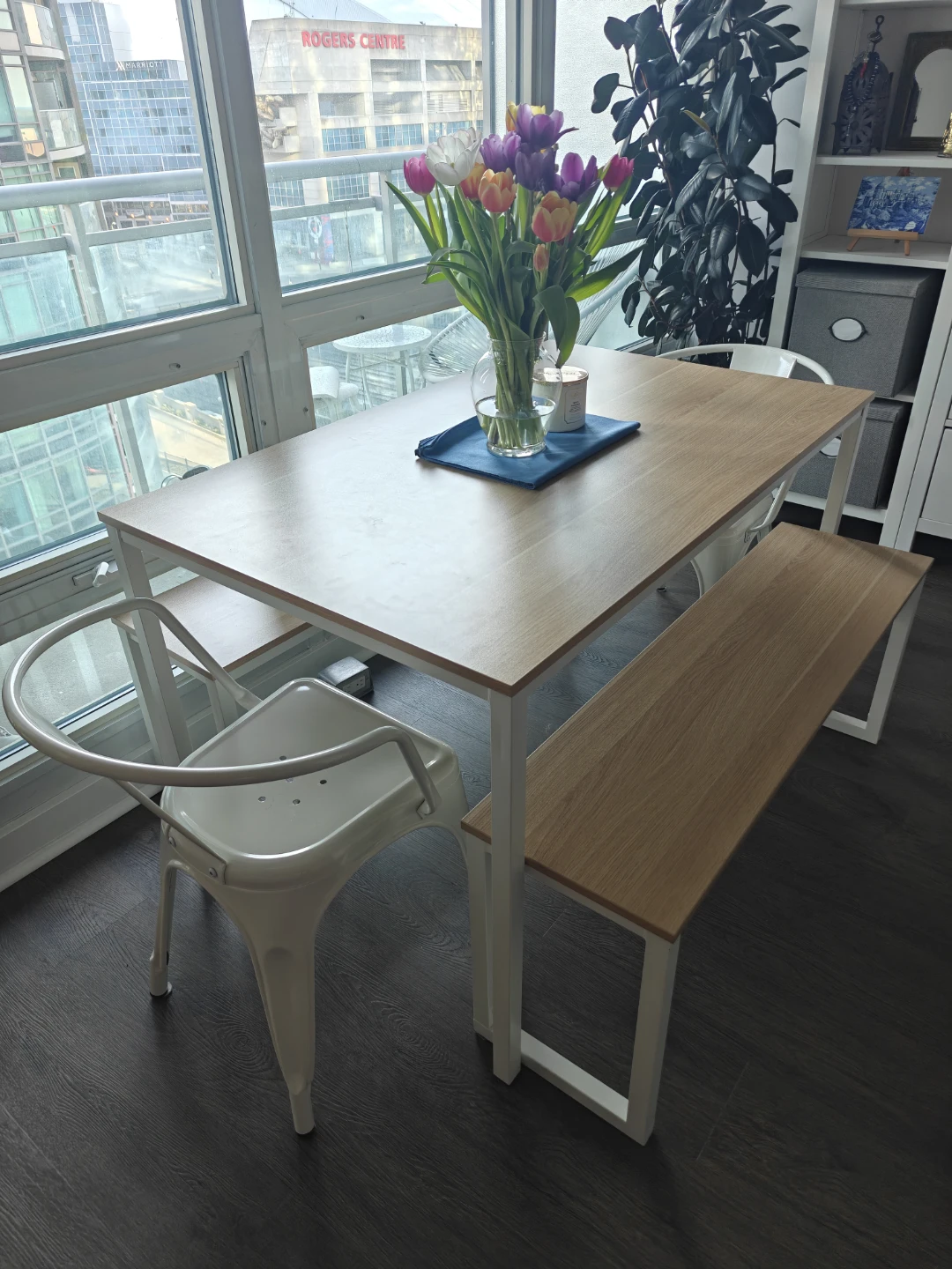 Dining Table, 2 Benches, 2 White Steel Chairs  seats 4-6 - photo 5