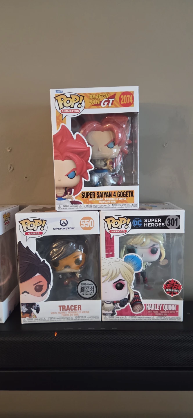 Funko Pop! Super Saiyan 4 Gogeta, Tracer, and Harley Quinn