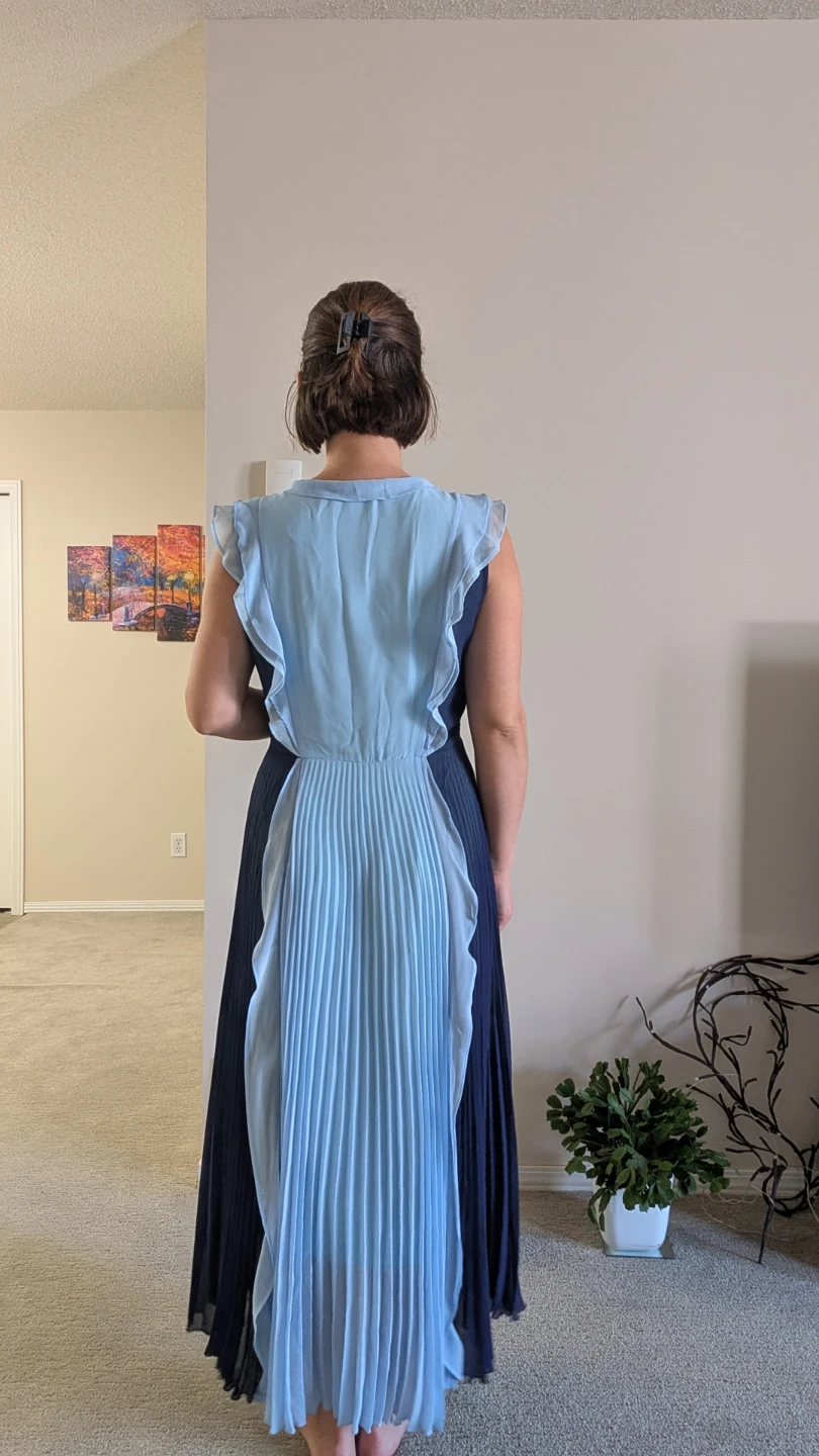 Blue Pleated Maxi Dress with Ruffled Shoulders - photo 3