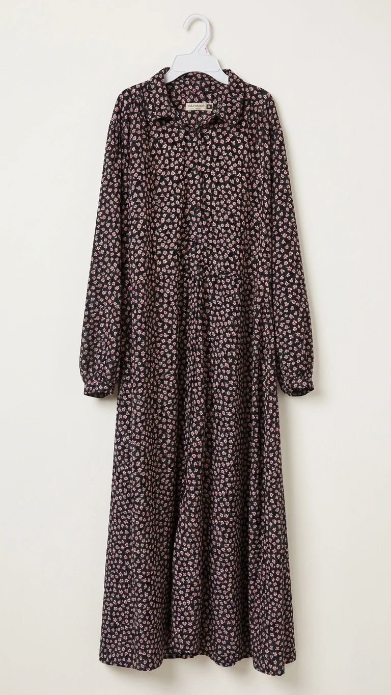 Black Floral Print long length modest Dress