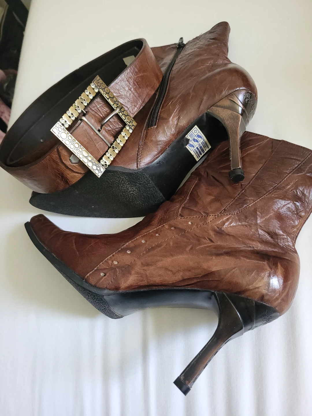 Brown Leather Ankle Boots with Embellished Belt