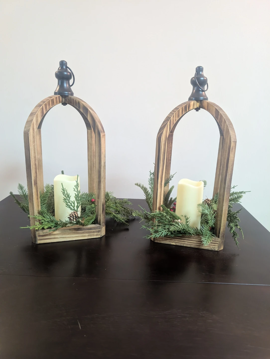 Set of 2 Wooden Lanterns with Faux Evergreen Accents