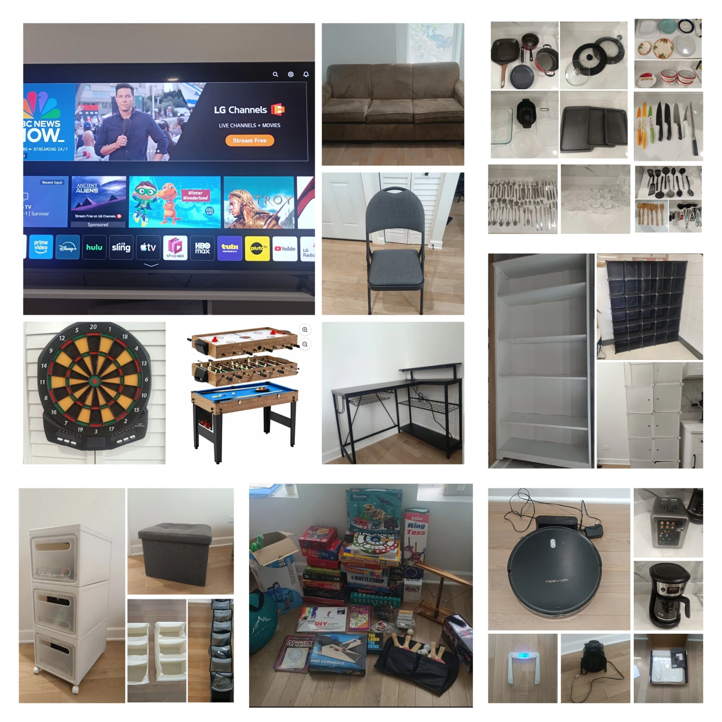TV, desk, sofa, bookshelf, kitchenware, games and more