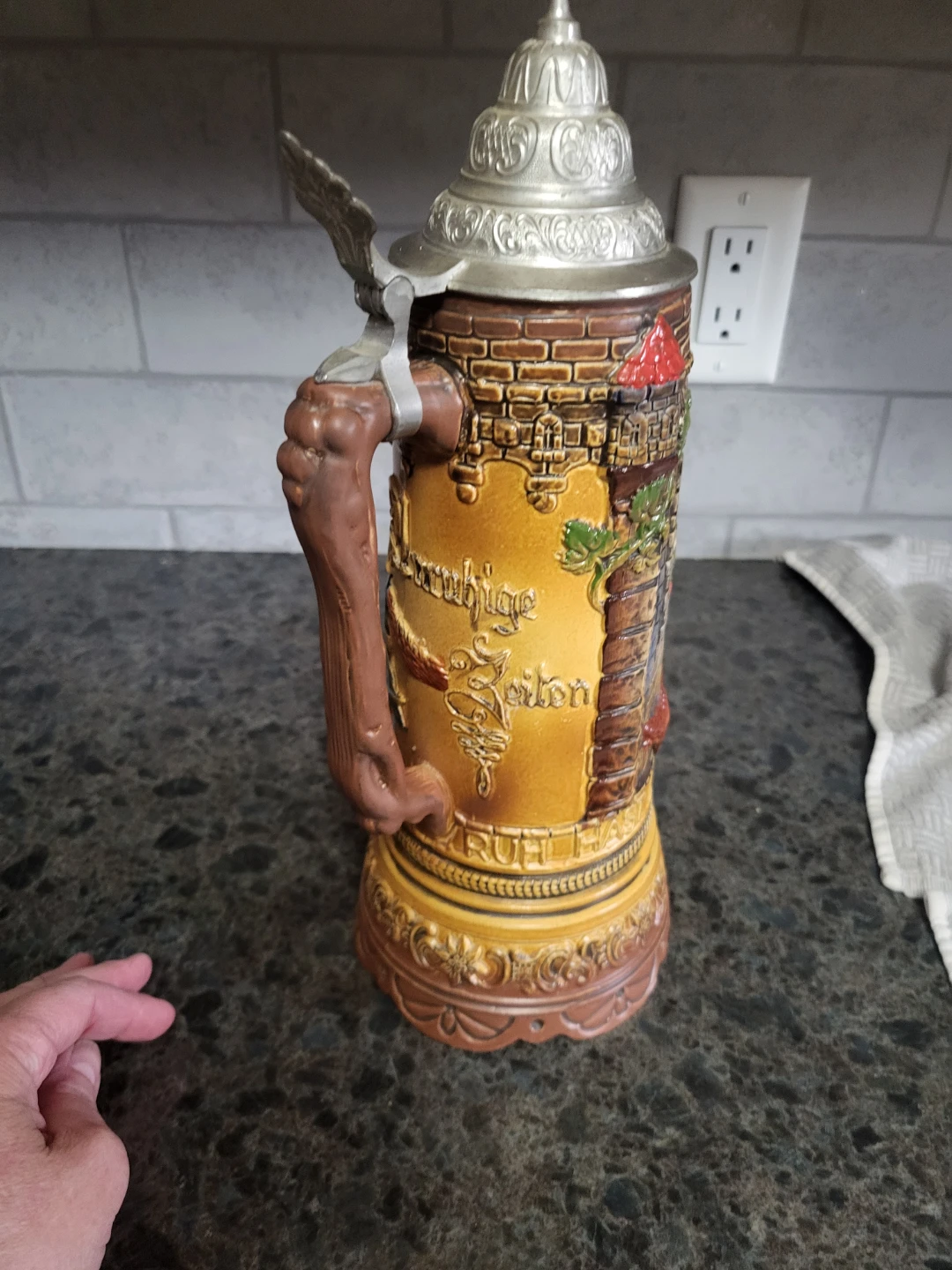 Vintage Ceramic Stein with Pewter Lid