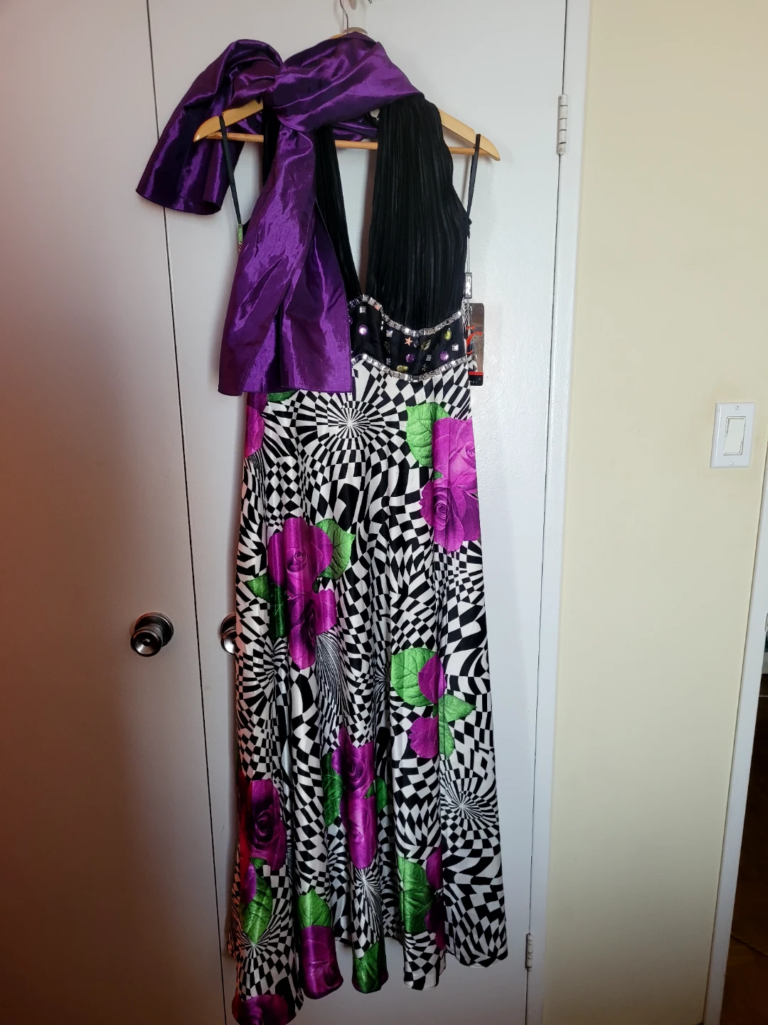 Umit Black & Patterned Evening Gown with Purple Scarf