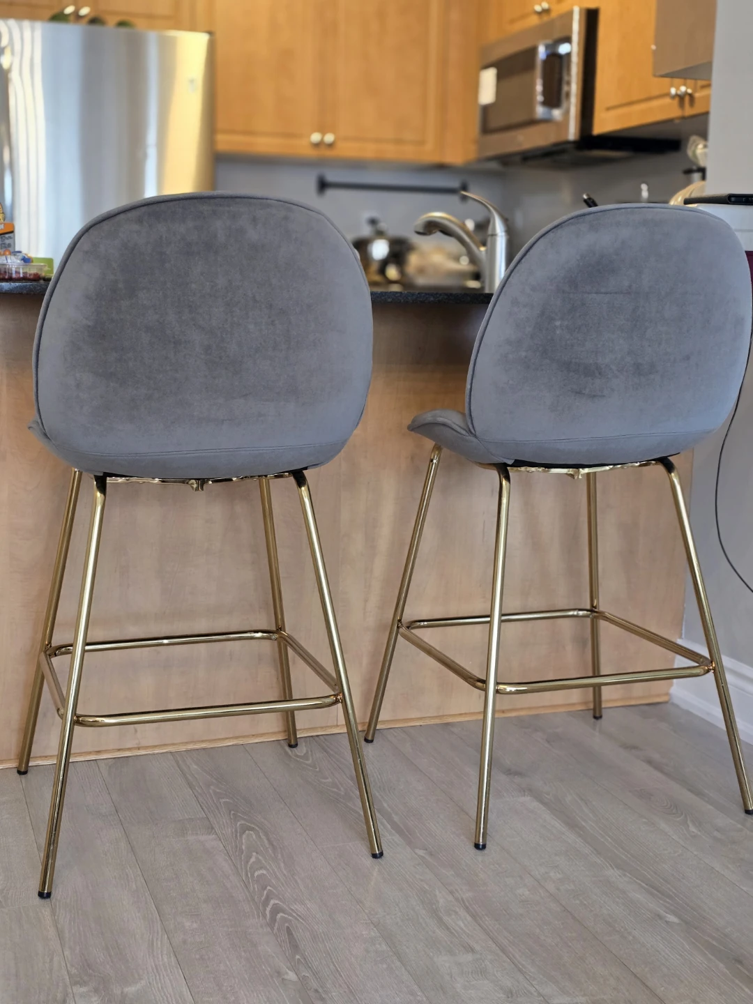 Grey Velvet Bar Stools with Gold Legs (Set of 2)