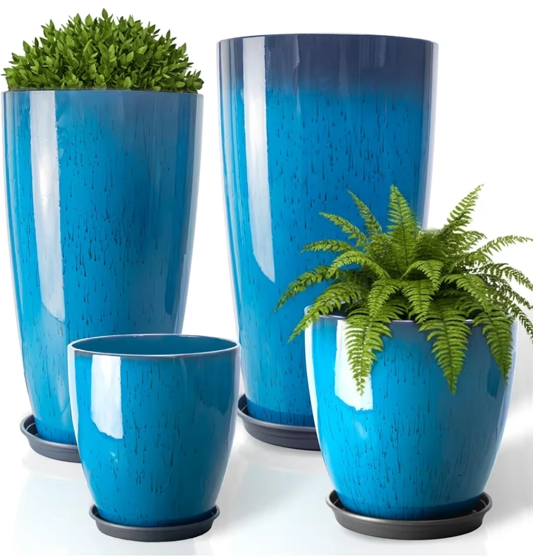 Set of 4 Blue Ceramic Planters with Saucers