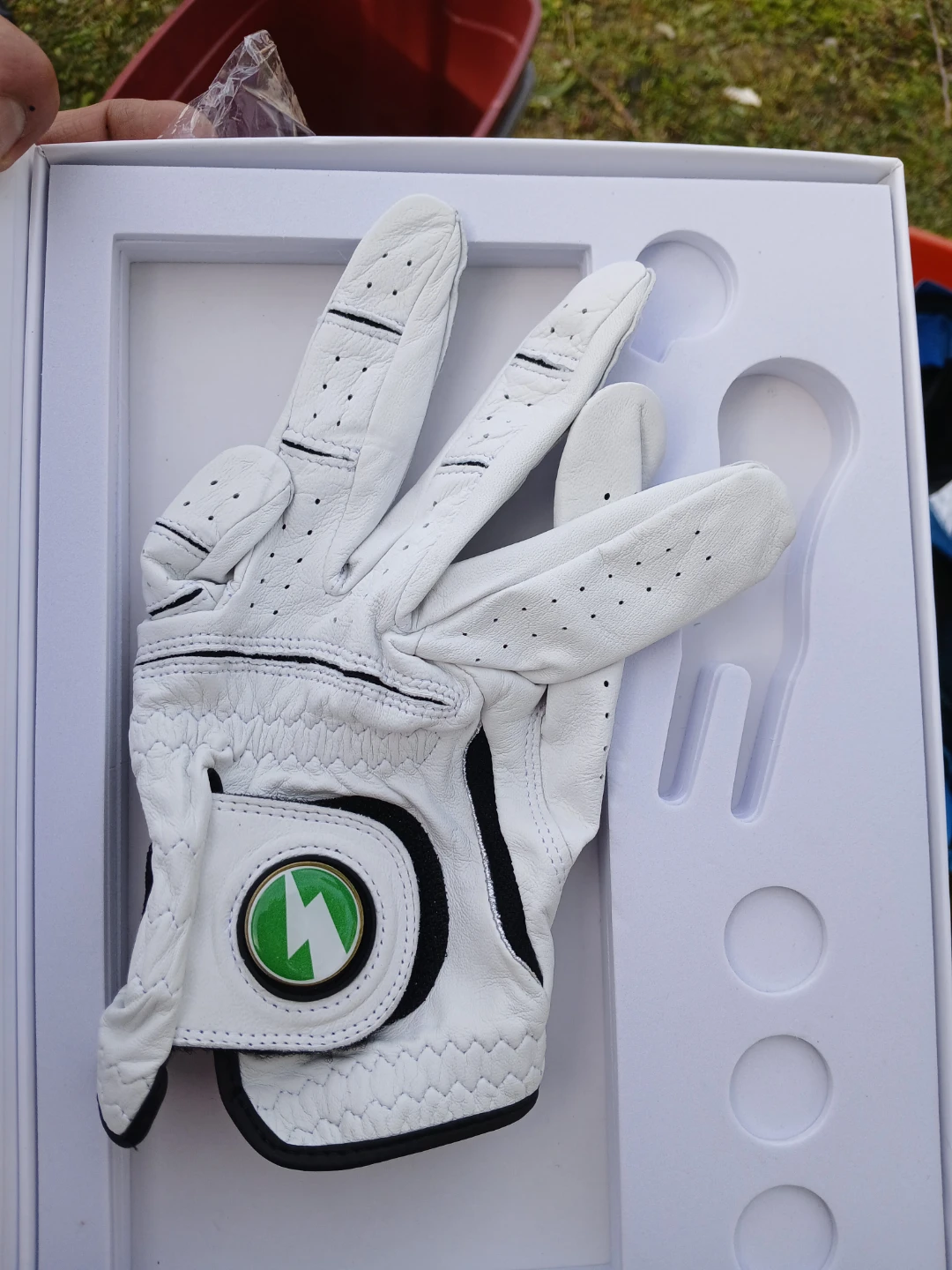 White Leather Golf Glove with Green Emblem