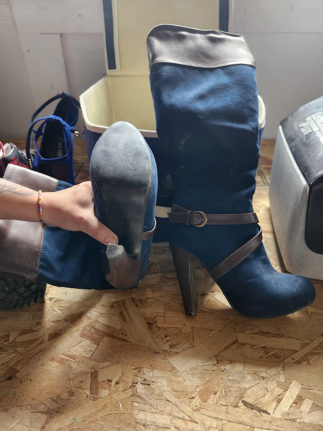 Blue Suede Boots with Brown Accents