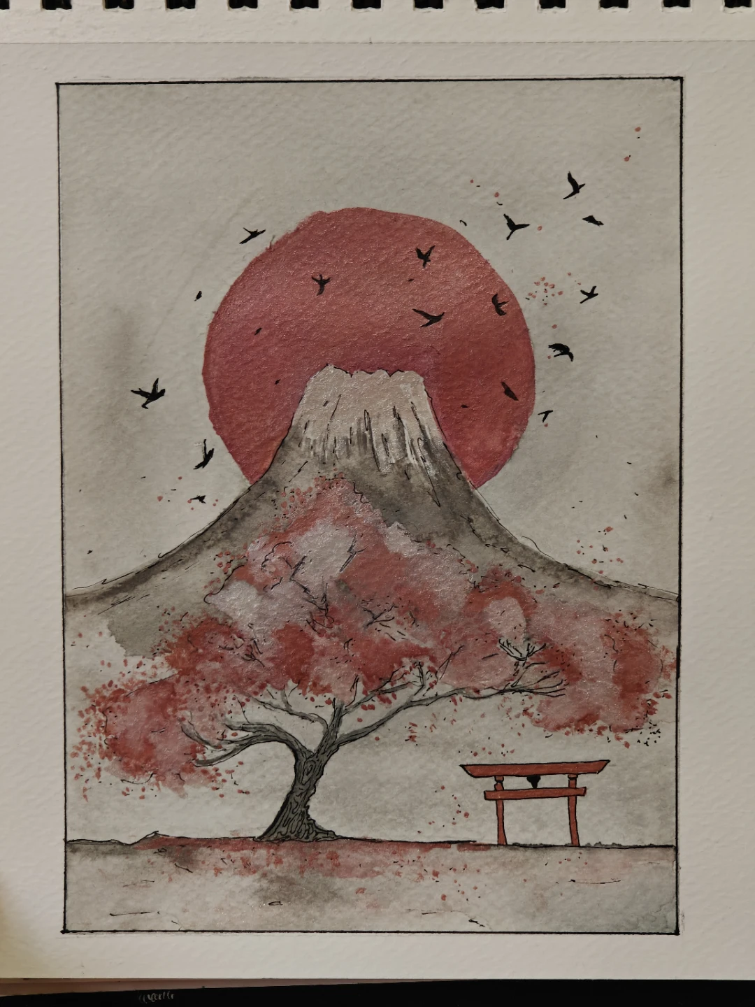 花びらと峰 | Japanese Art Style | Handmade Watercolor Painting