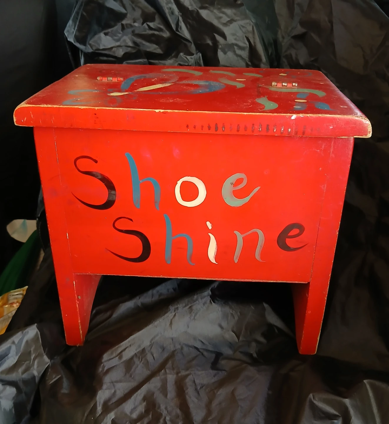 Vintage Red Wooden Shoe Shine Box Stool