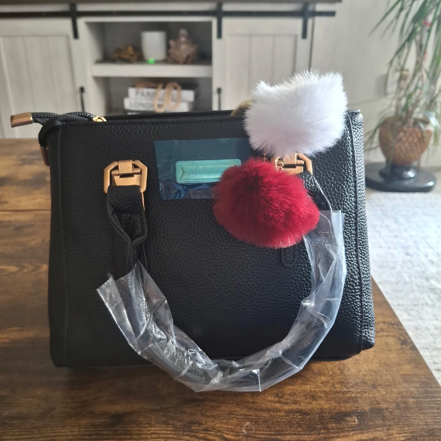 Black Faux Leather Satchel Bag with Pom-Pom Charms