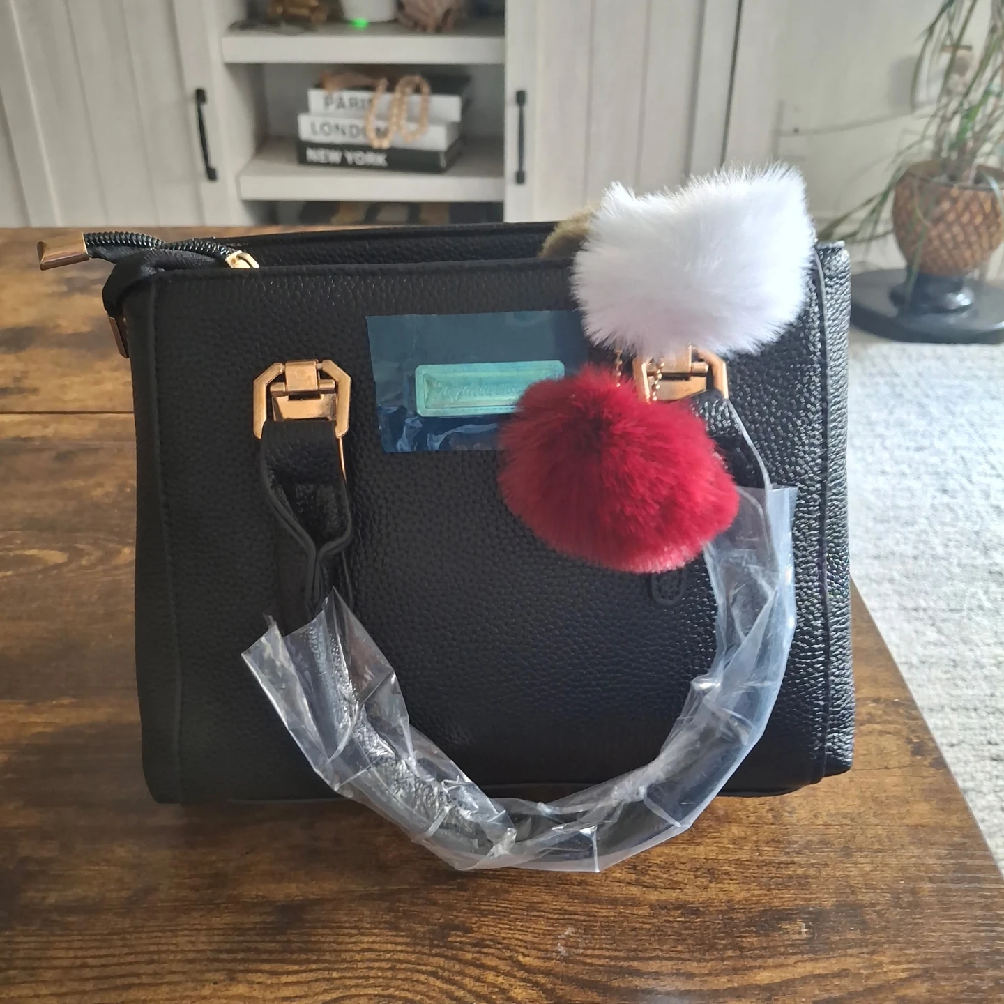 Black Faux Leather Satchel Bag with Pom-Pom Charms - photo 2