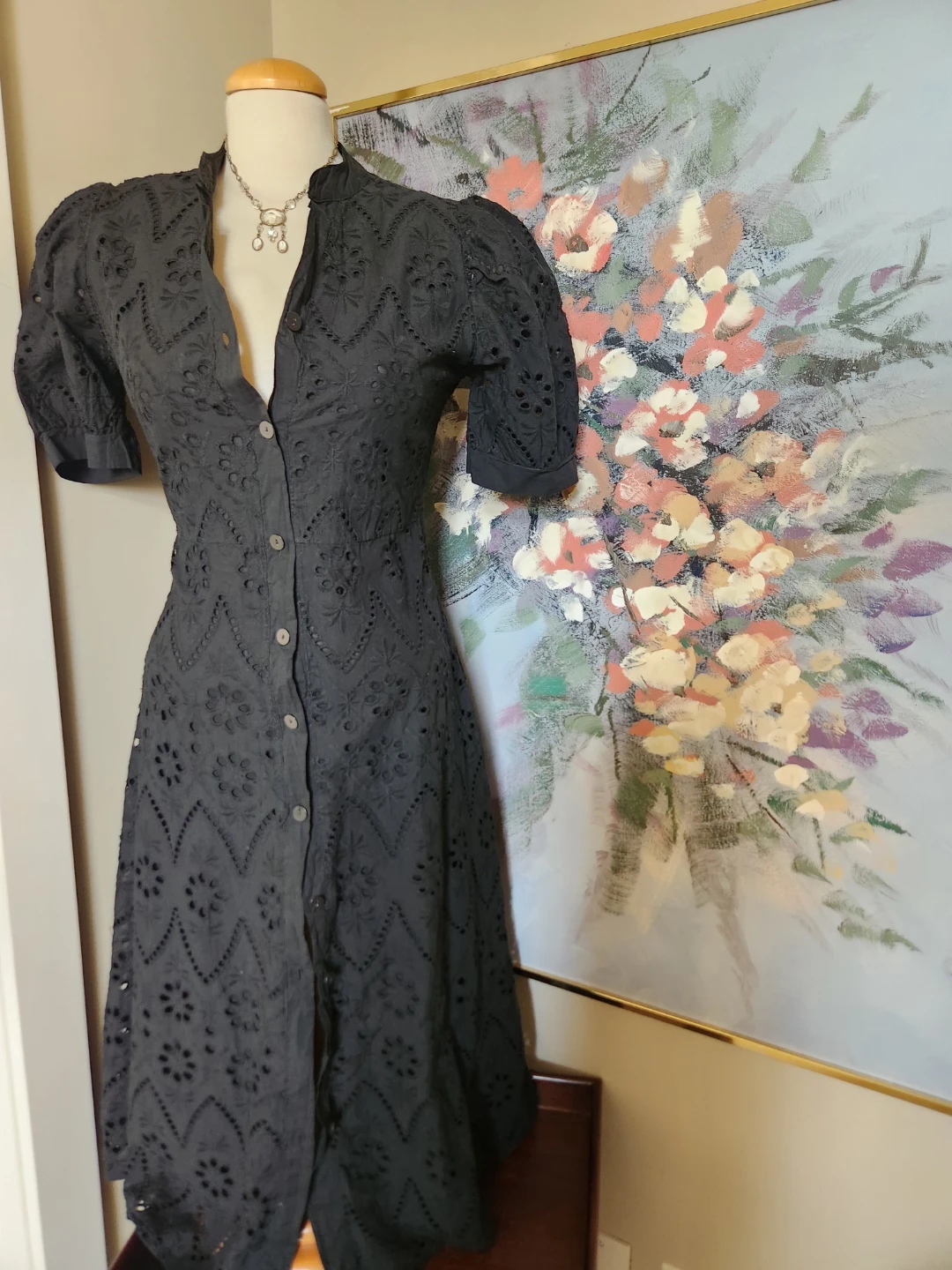 Black Eyelet Puff Sleeve Button-Up cotton Dress