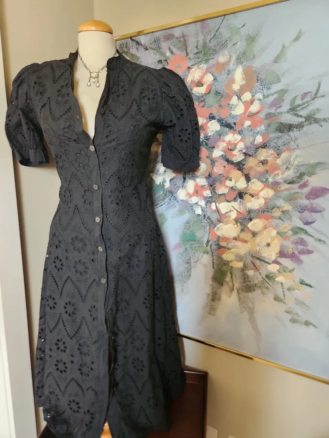 Black Eyelet Puff Sleeve Button-Up cotton Dress