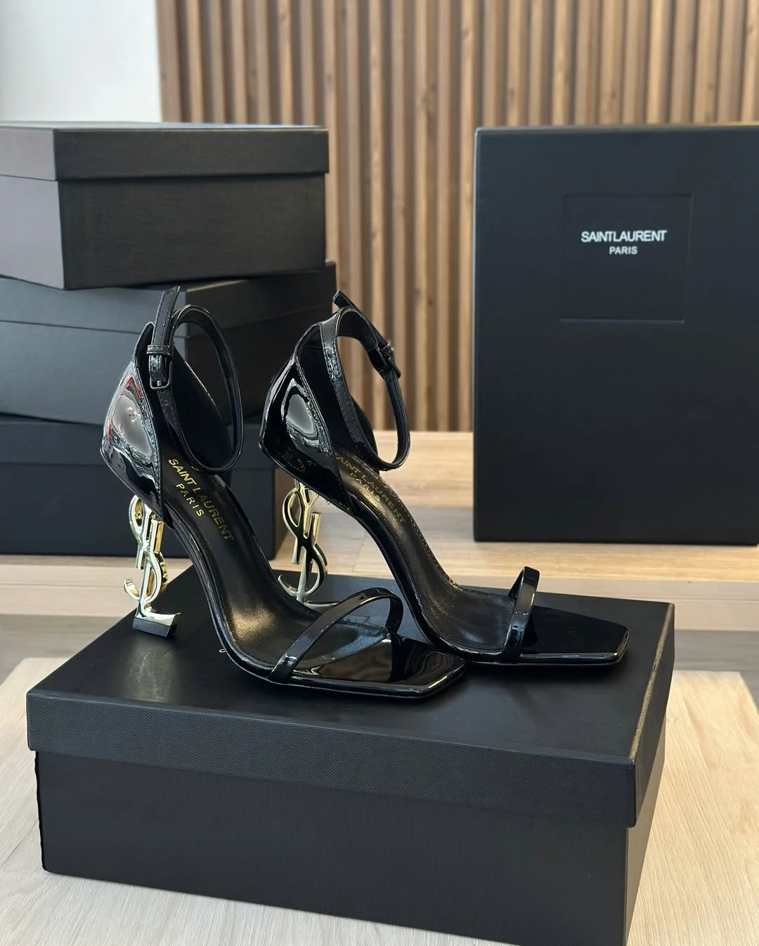 Saint Laurent Black Patent Leather Ankle Strap Heels