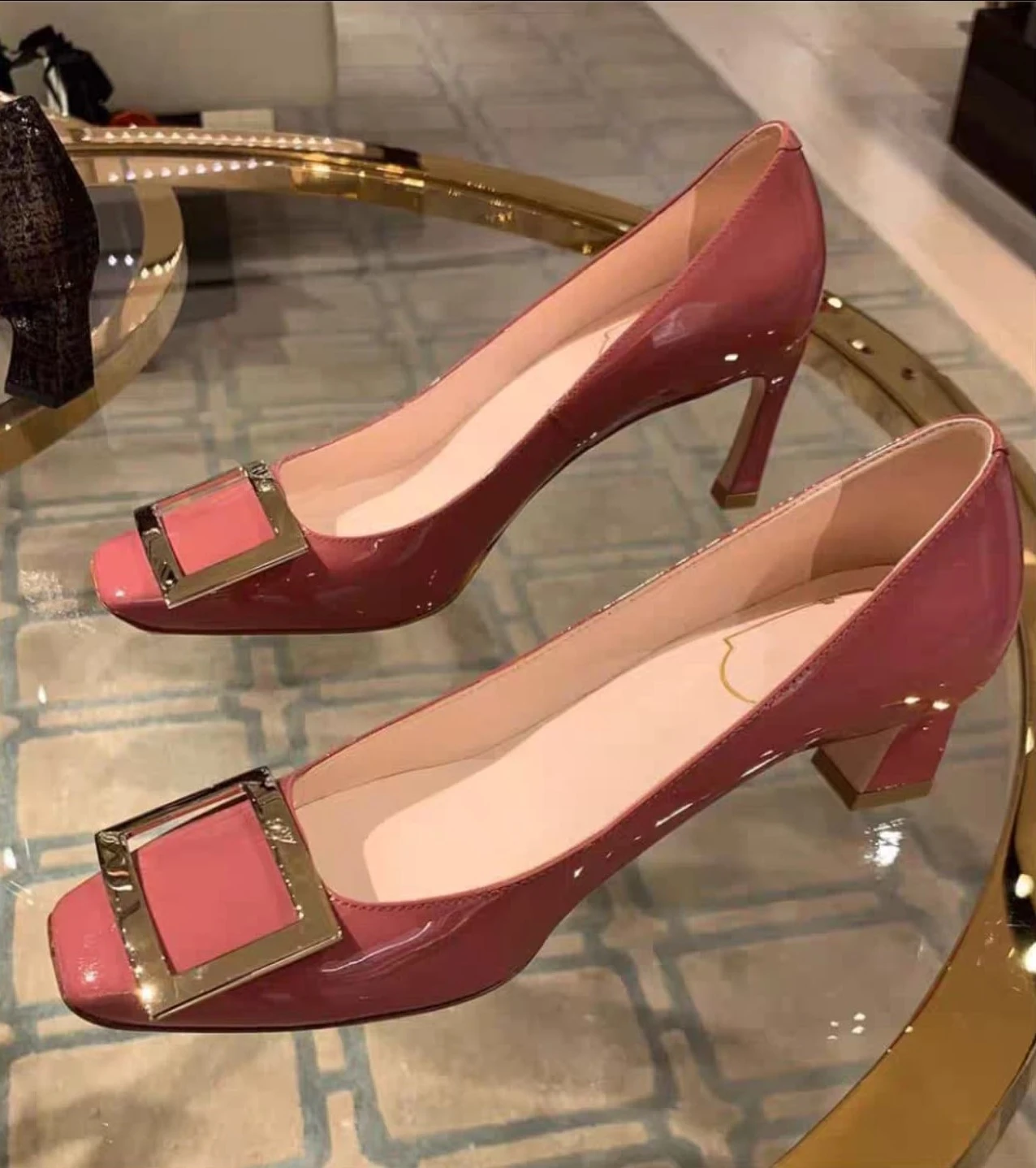 Red Heels with Square Buckle