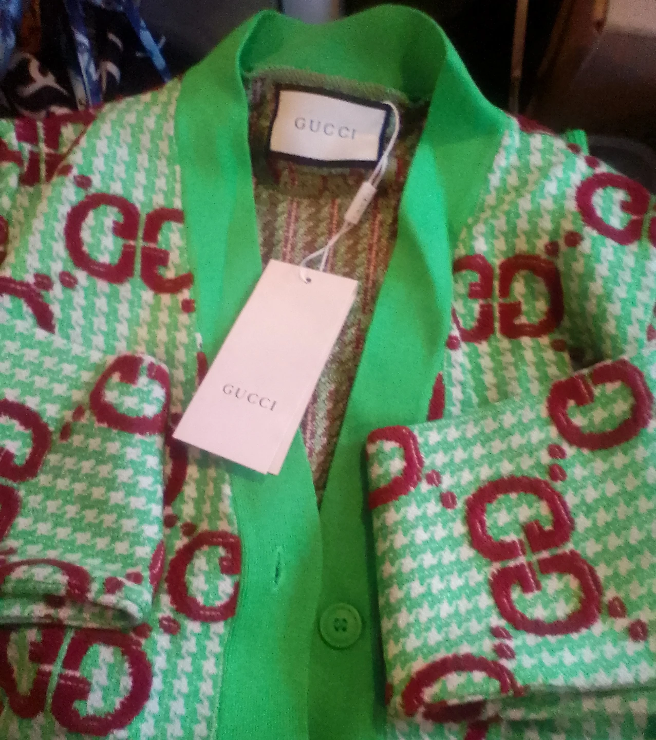 Gucci Green & White Houndstooth GG Cardigan