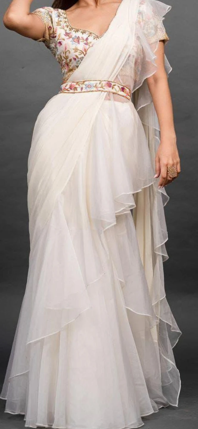 White embroidered lehenga sari with ruffled detailing