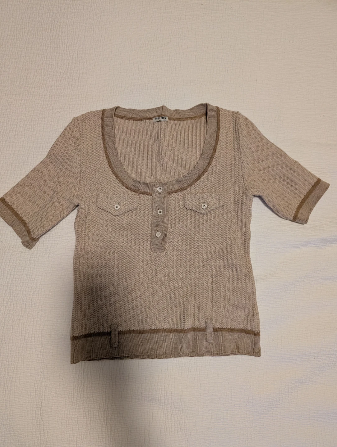 Miu Miu Short Sleeve Knit Top - Beige - Made in Italy