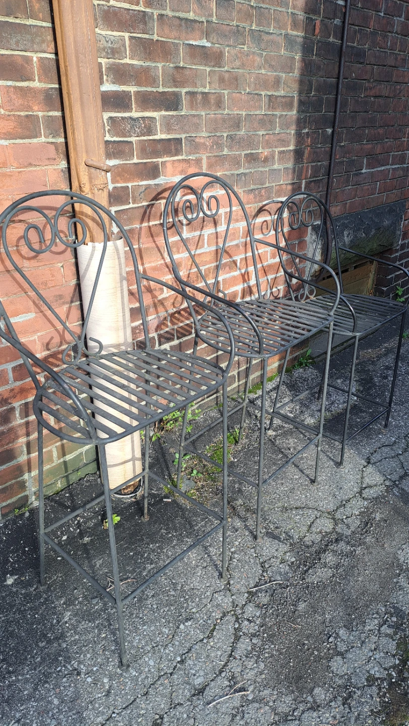 Set of 3 Wrought Iron Bar Stools with Heart Back Design
