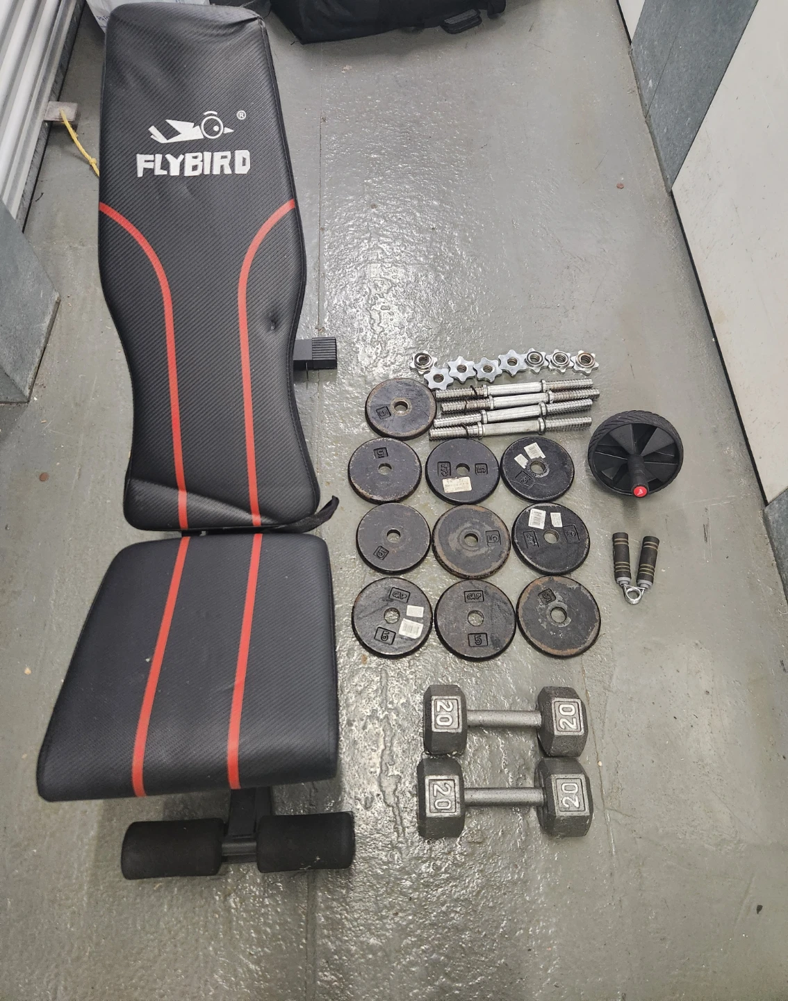 Complete Home Gym FLYBIRD Bench, Dumbbells, Plates, Ab Wheel