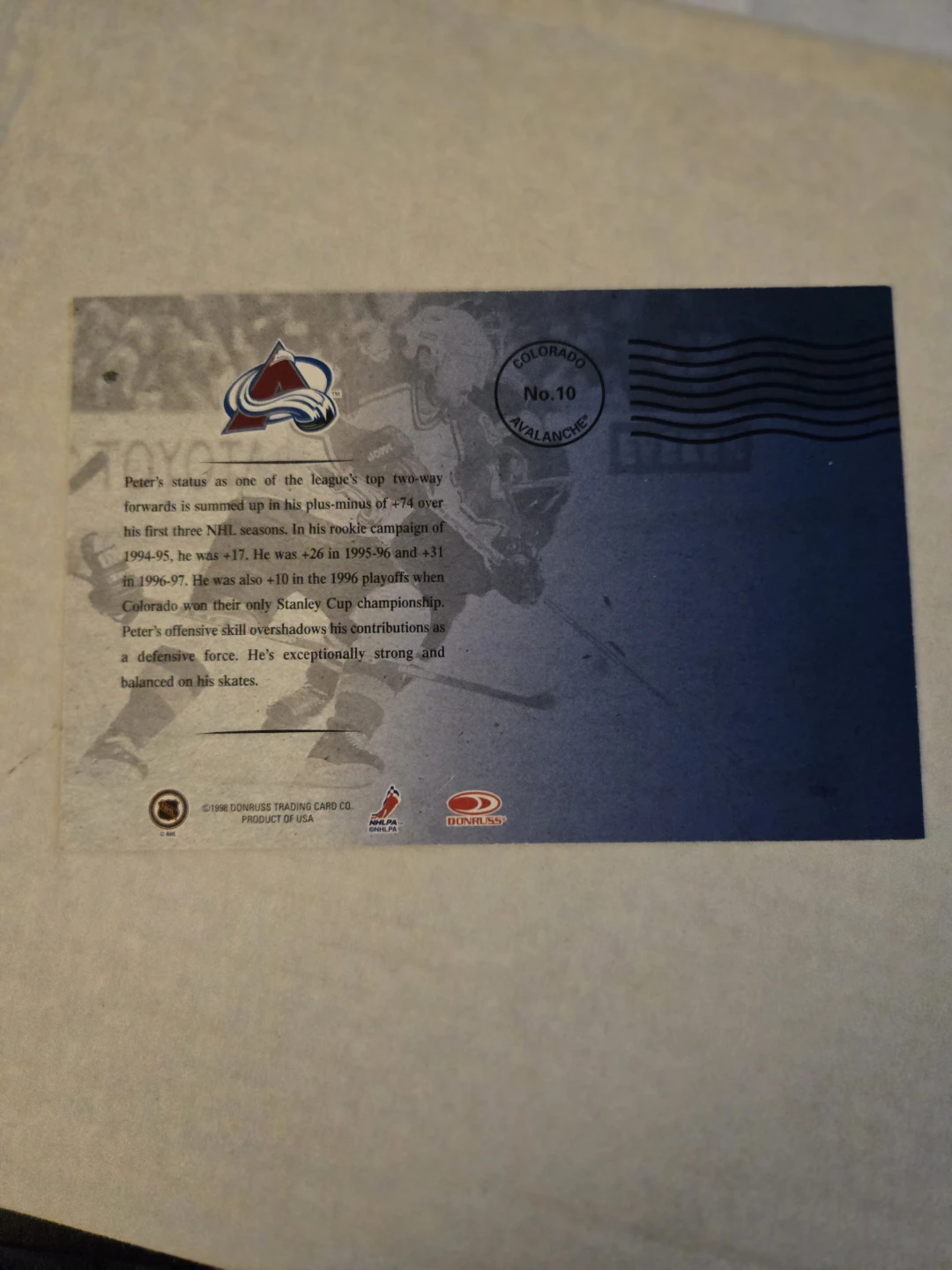 Peter Forsberg Colorado Avalanche Hockey Card 1997-1998 - photo 2