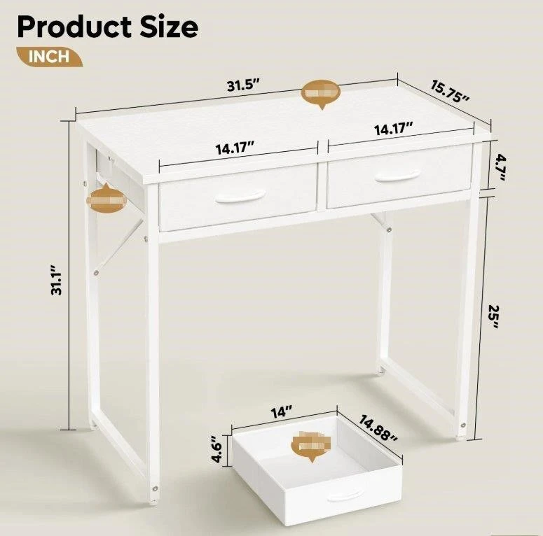White Modern Desk with 2 Drawers and stool - photo 2