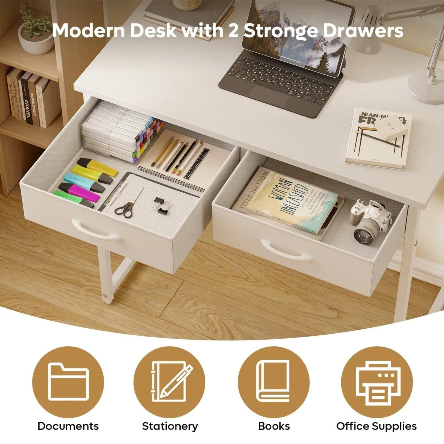 White Modern Desk with 2 Drawers and stool - photo 4