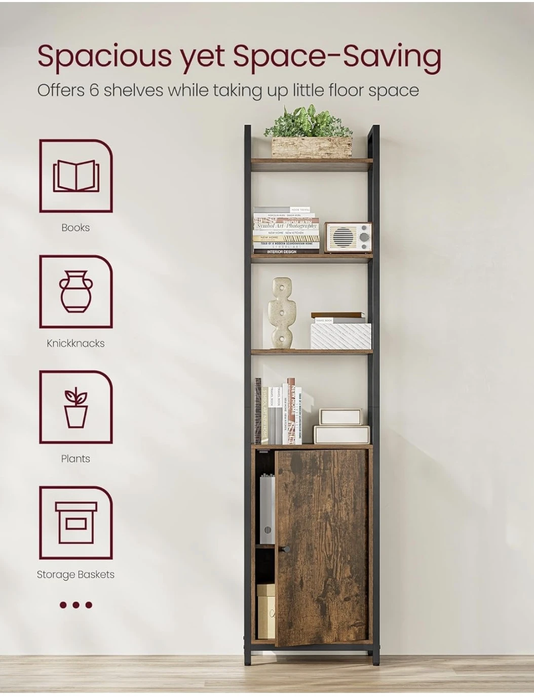 Vasagle 5-Shelf Industrial Bookshelf with Cabinet - photo 3