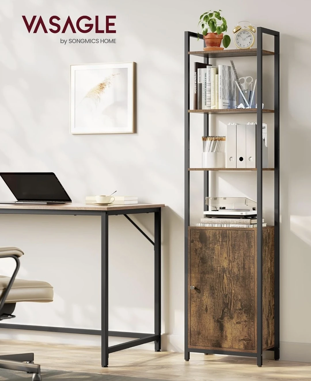 Vasagle 5-Shelf Industrial Bookshelf with Cabinet - photo 4