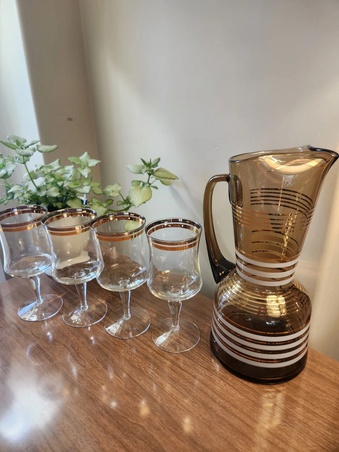 MID CENTURY  Bohemian  Glass Pitcher and 4 Stemmed Glasses Set - photo 4
