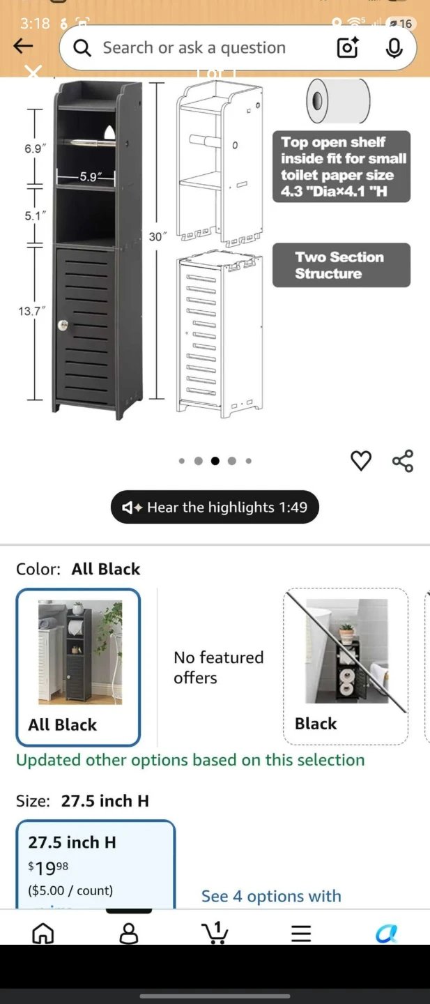All Black Slim Storage Cabinet - 27.5 inch H