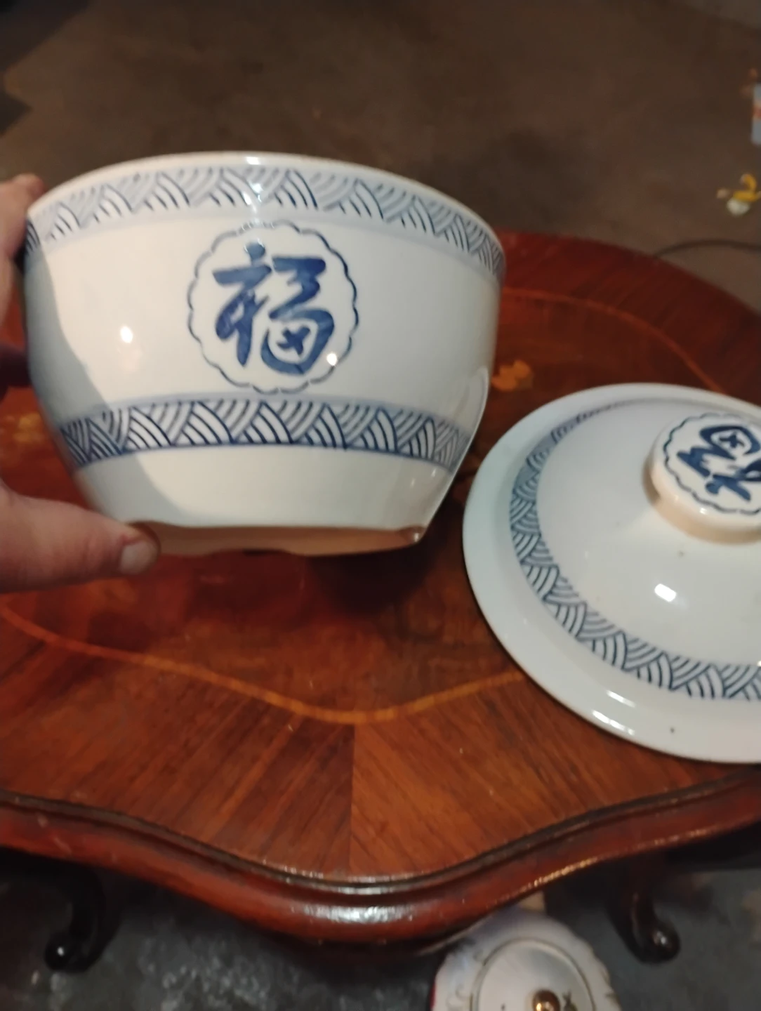 Vintage Ceramic Bowl with Lid - Blue & White Chinese Design - photo 2