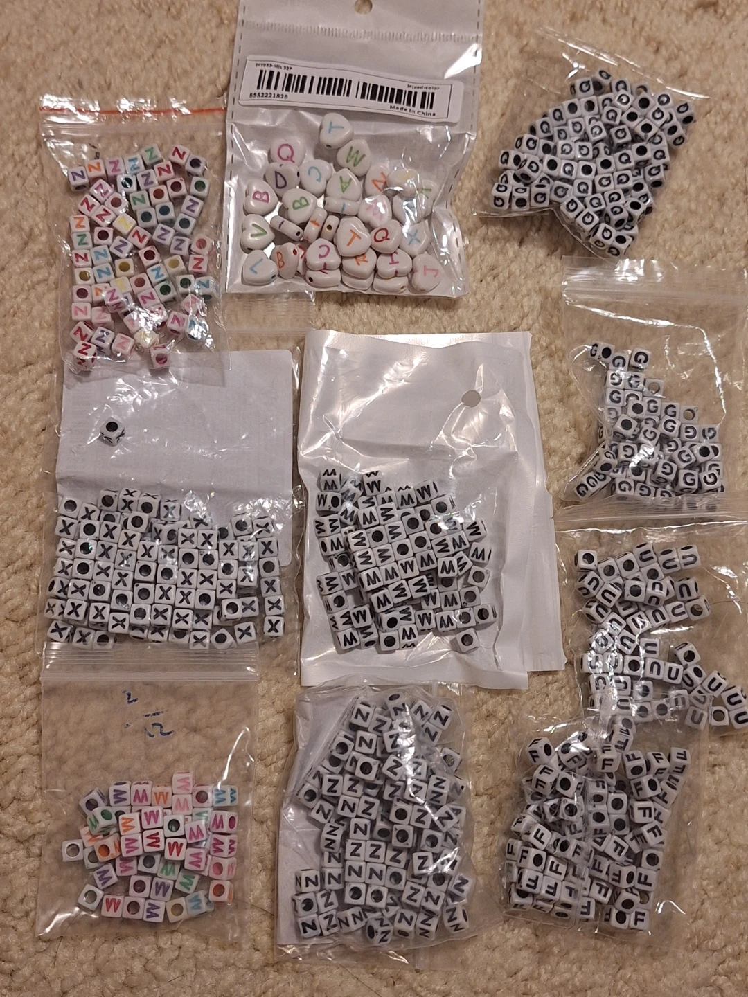 Alphabet beads: F, G Q, U, W, Z