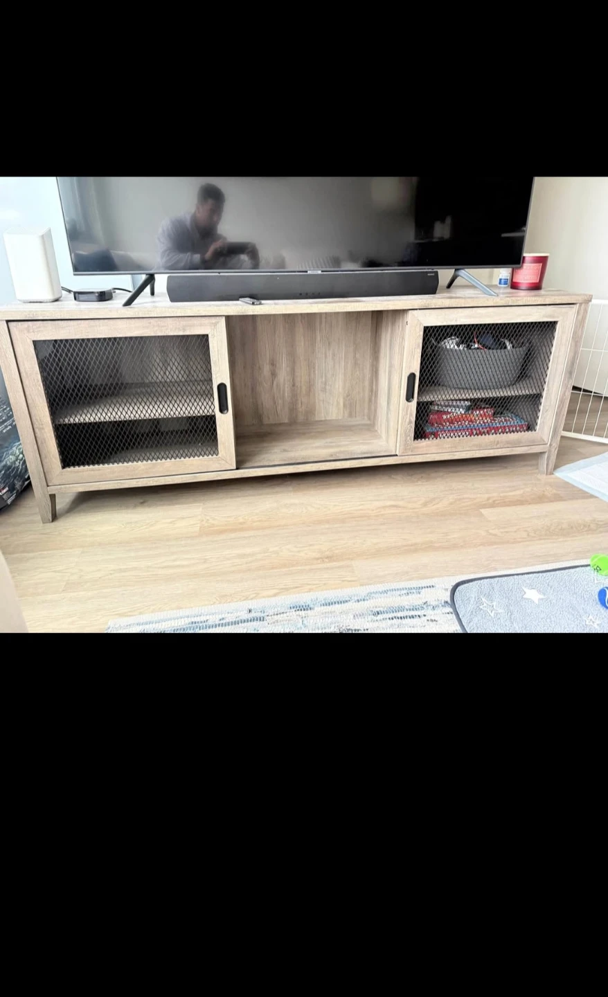 Rustic Wood TV Stand with Sliding Mesh Doors